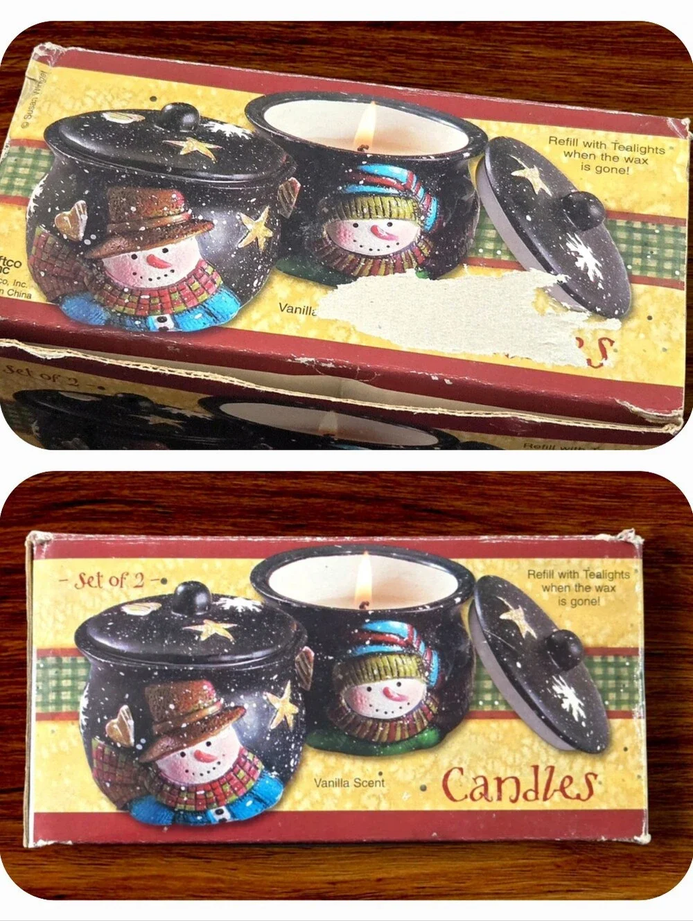 Susan Winget Set 2 Small Snowman Candle Crocks, New In Box Ceramic Holiday Decor